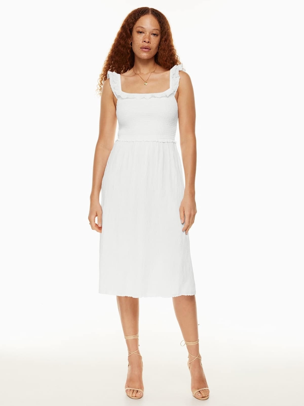 Wilfred White Smocked Midi Dress with Ruffle Straps Size S